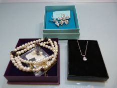 Costume jewellery to include CZ teardrop necklace, Cultured pearl necklace and a floral spray brooch