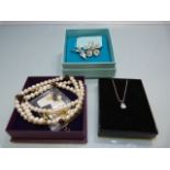 Costume jewellery to include CZ teardrop necklace, Cultured pearl necklace and a floral spray brooch