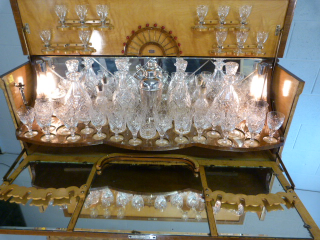 Art Deco walnut cocktail cabinet with drop front above two cupboards. Opens to reveal mirrored light - Image 5 of 25