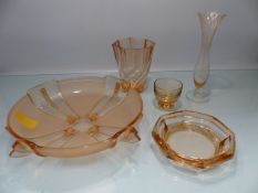 Art Deco peach glassware to include bowl, Ashtray, vase and bud vase.