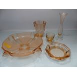 Art Deco peach glassware to include bowl, Ashtray, vase and bud vase.