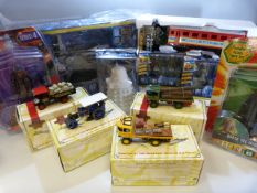 Dr Who collectable toys in original packaging, along with Models of Yesteryear traction engines