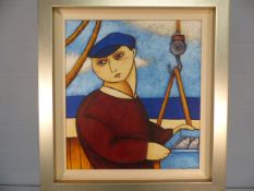 PAINE PROFFITT – Modern abstract of a fisherman at work. Acrylic on board, 55.5cm x 61.5cm. Proffitt