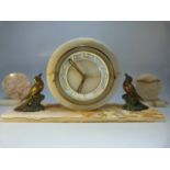 Marble and Alabaster Art Deco mantle clock with bronzed Spelter birds either side. Clock with