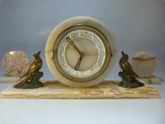Marble and Alabaster Art Deco mantle clock with bronzed Spelter birds either side. Clock with