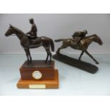 RACING - Cast resin single racehorse with jockey along with a Resin Mantle Clock from Tarmac