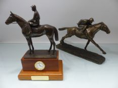 RACING - Cast resin single racehorse with jockey along with a Resin Mantle Clock from Tarmac