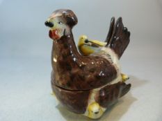 Staffordshire Tureen and Cover modelled as a hen and chicks, decorated in brown and whites. Mid 19th
