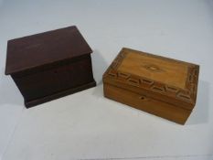 Tunbridge ware style sewing box and a pine box