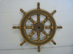 Large brass and wood ships wheel approx 45cm