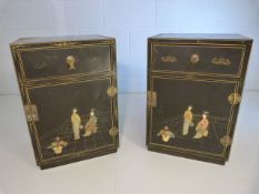 Pair of oriental bedside cupboards decorated with chinoiserie scenes and applied decoration