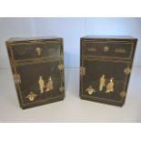 Pair of oriental bedside cupboards decorated with chinoiserie scenes and applied decoration