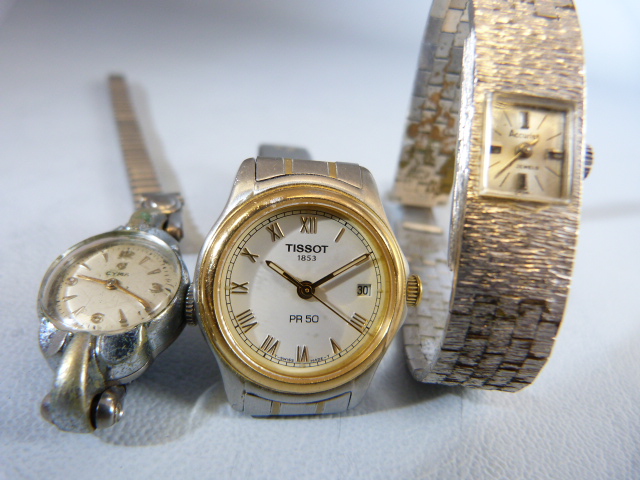 Three ladies silver coloured metal wrist watches. Two dress watches A/F by Accurist & CYMA and a - Image 4 of 9