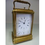 French Aiguilles brass carriage clock with three additional dials below for day/ month/ date, the