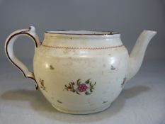 Pratt Creamware oval Teapot (missing cover) with scroll handle and decorated with floral sides.