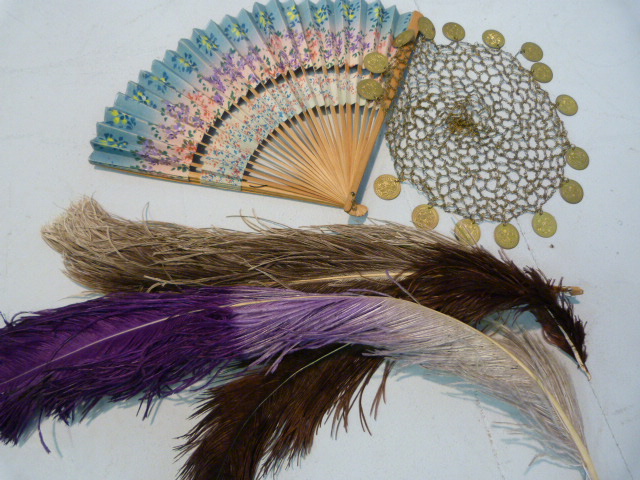 Selection of Ostrich Dress feathers, fan and a Middle Eastern headdress adorned with coins on a gold - Image 9 of 10