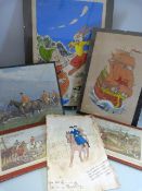 Collection of unusual equine related lithographs along with a hand painted watercolour titled 'The