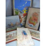 Collection of unusual equine related lithographs along with a hand painted watercolour titled 'The