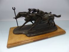 RACING - Bronzed trophy of two horses mounted on plinth at the finish. signed Harriet Glen