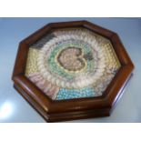 Good 19th Century Sailors' Shell Work Valentine. Mounted in a Hexagonal mahogany frame.