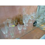 Antique glass wares - Set of six glasses with wheelcut floral decoration, Three smoked glass hand