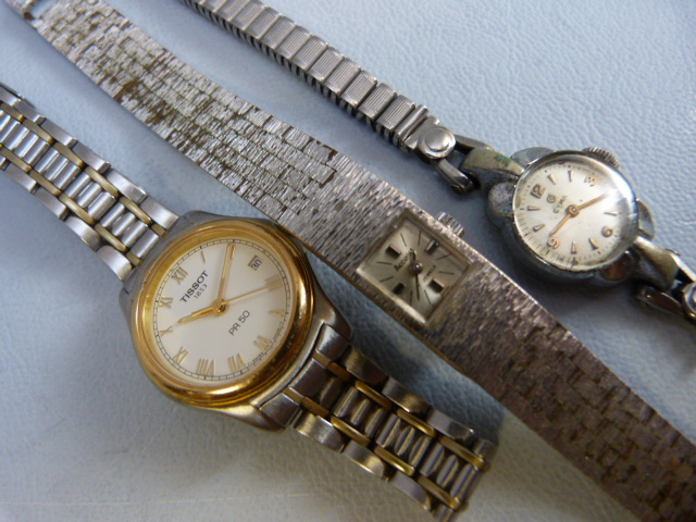 Three ladies silver coloured metal wrist watches. Two dress watches A/F by Accurist & CYMA and a - Image 5 of 9