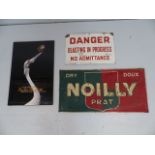 Enamelled vintage sign 'Blasting in Progress' Along with a Noilly Prat painted sign and a