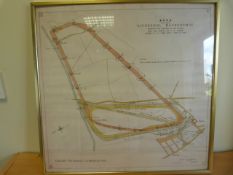 A FRAMED AND GLAZED COLOURED PLAN OF LIVERPOOL RACECOURSE SHOWING THE POSITIONS OF ALL STARTS,