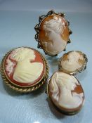 Four Cameo Brooches - Three marked for Continental silver and one similar Pinchbeck (4)