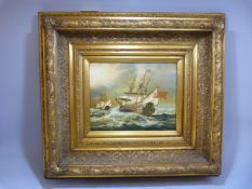 20th Century overpainted print of a shipping scene in a large Gilt plaster frame