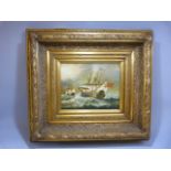 20th Century overpainted print of a shipping scene in a large Gilt plaster frame