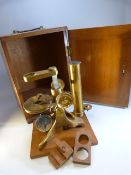 MICROSCOPE - Unmarked brass microscope mounted onto wooden plinth for fitted case. Fitted case