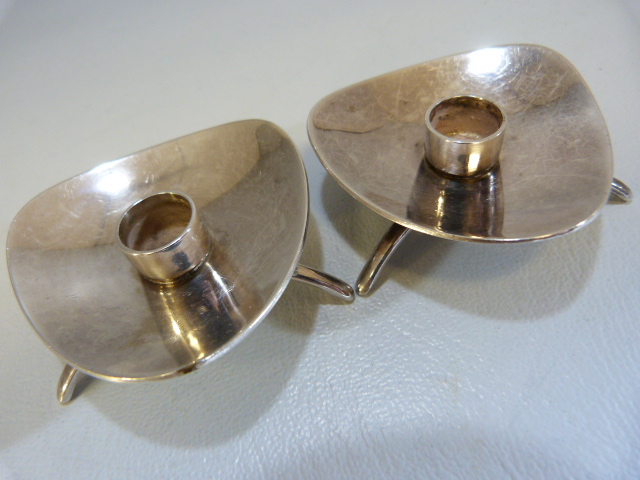 A pair of Danish white metal dwarf candlesticks, each of triangular form on tripod base stamped ATLA - Image 5 of 8