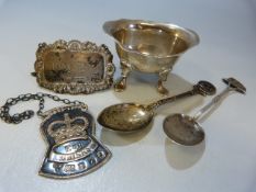 Collection of silver items to include a salt two silver spoons and a Brandy & Whisky decanter