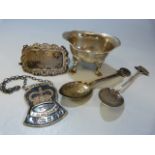 Collection of silver items to include a salt two silver spoons and a Brandy & Whisky decanter