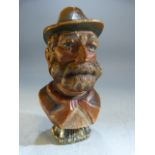 Carved wooden bust of a man with hat, underside a later addition is a gold coloured metal Georgian