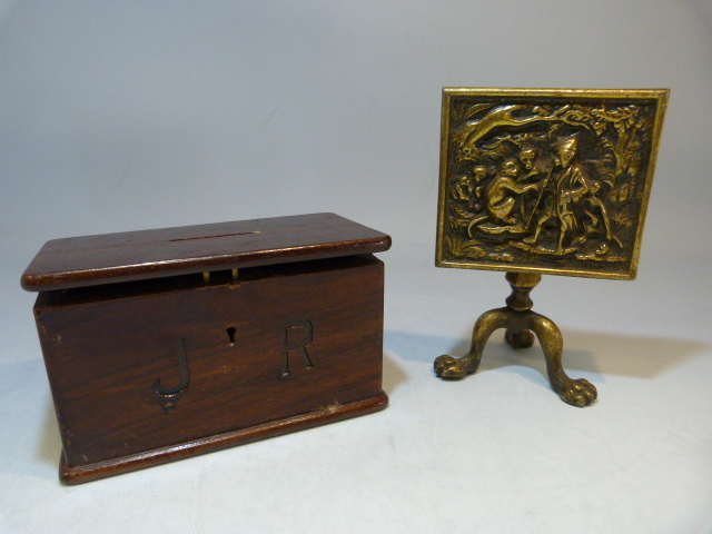 Novelty table piece - Miniature brass tilt table on claw and ball feet. Along with a stained pine