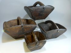 Oriental Rice baskets of small form. Graduating set of four baskets mounted with metal and carved