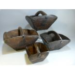 Oriental Rice baskets of small form. Graduating set of four baskets mounted with metal and carved