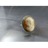 Silver (800) Cameo ring of a ladies face, facing to her right. Measuring approx 20.75mm x 16.15mm