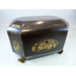 Chinese Black lacquer tea caddy with gold decorative panels with central fitments, two caddies