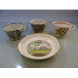 Three Early Porcelain Teacups. 1) Staffordshire - decorated in bright colours depicting shells and