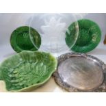 Cabbage leaf plate probably by wedgwood, similar bowl and plate along with a silver plate tray and a