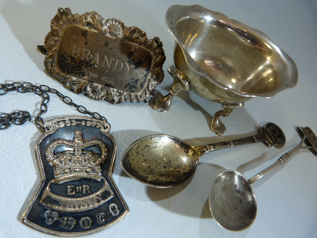 Collection of silver items to include a salt two silver spoons and a Brandy & Whisky decanter - Image 3 of 9