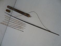Hardwood carved (poss Indonesian - Java) bow along with a bamboo quiver containing various arrows