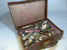 Box containing silver hallmarked goblet and a large quantity of Souvenir teaspoons