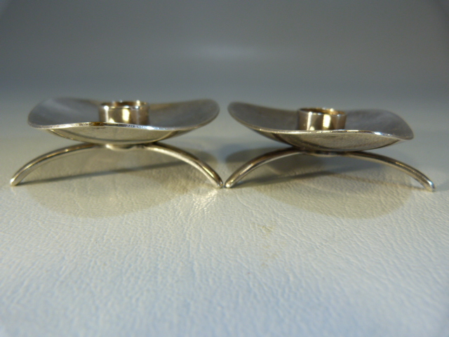 A pair of Danish white metal dwarf candlesticks, each of triangular form on tripod base stamped ATLA - Image 4 of 8