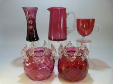 Antique Cranberry Glass - Cranberry pair of vases with applied clear glass to top. Diamond style