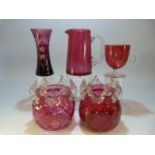 Antique Cranberry Glass - Cranberry pair of vases with applied clear glass to top. Diamond style