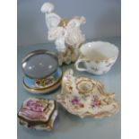 Antique Porcelain - Meissen pill pot decorated with scenes, along with a Dresden candle stick with